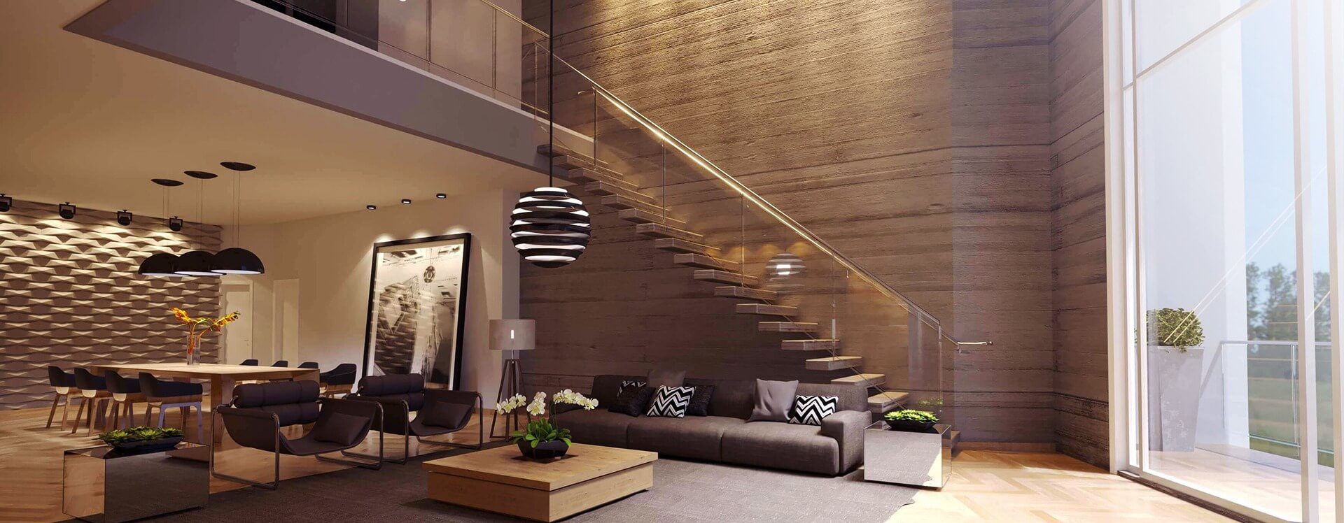 pé direito duplo, escada concreto - interior - projeto casa moderna