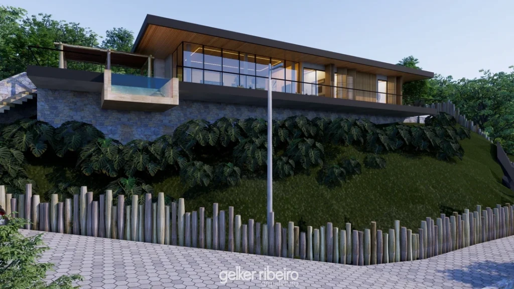 Projeto de arquitetura contemporânea no Rio de Janeiro com varanda e iluminação noturna